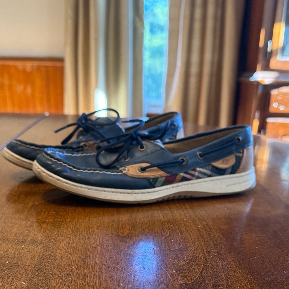 Sperry Blue Boat Shoes with Plaid Detail